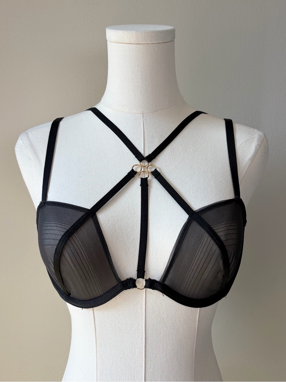 Adore Me 34B Black Dionne Unlined Balconette Strappy Mesh Harness Bra Lingerie